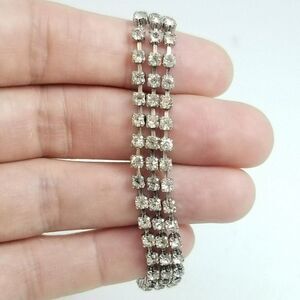 Vintage Sparkly Rhinestone Silver Tone Three Row Bangle Bracelet, 50s 60s Style